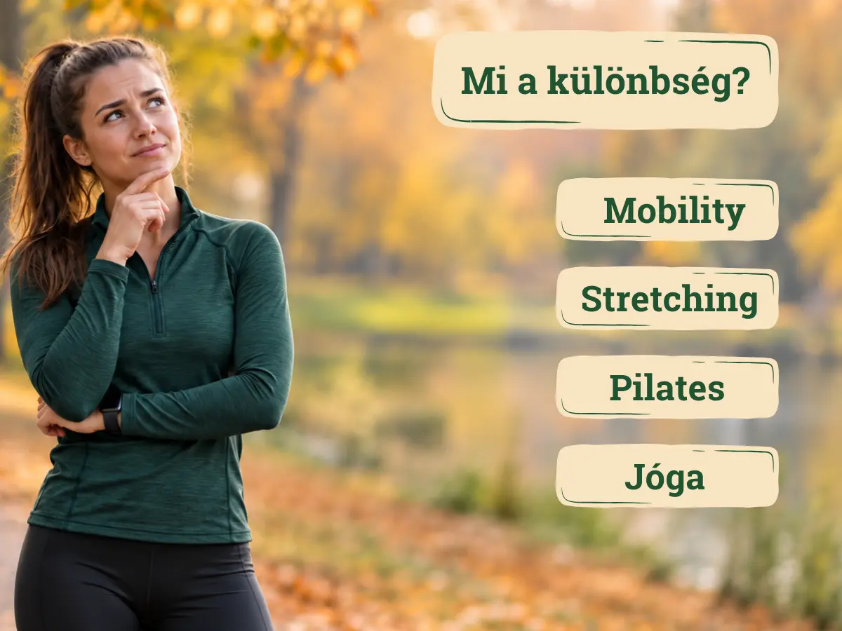 Fiatal sportos nő töpreng azon hogy mi a különbség a mobility, a pilates, a jóga és a nyújtás között